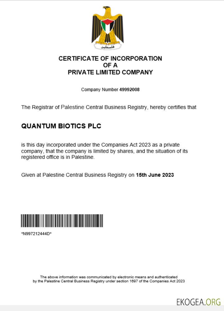 Modèle Word et PDF de certificat d'enregistrement d'entreprise en Palestine